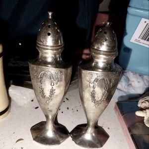 Vintage Japan Salt Pepper Shakers Silver Metal 5" Set Of 2 Engraved Decoration